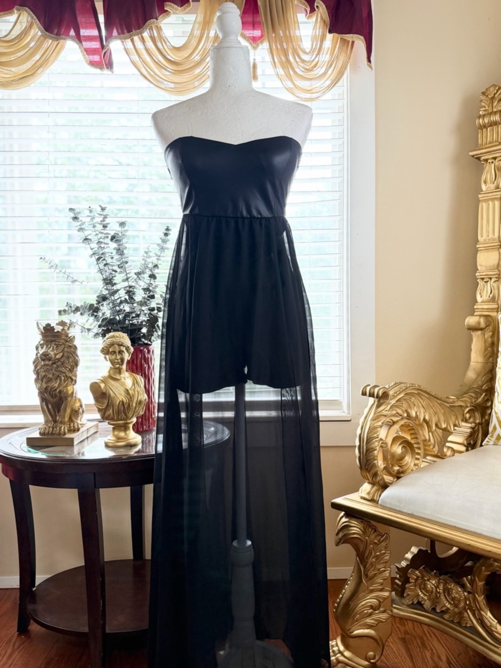 Strapless Black High-Low Sheer Maxi Dress